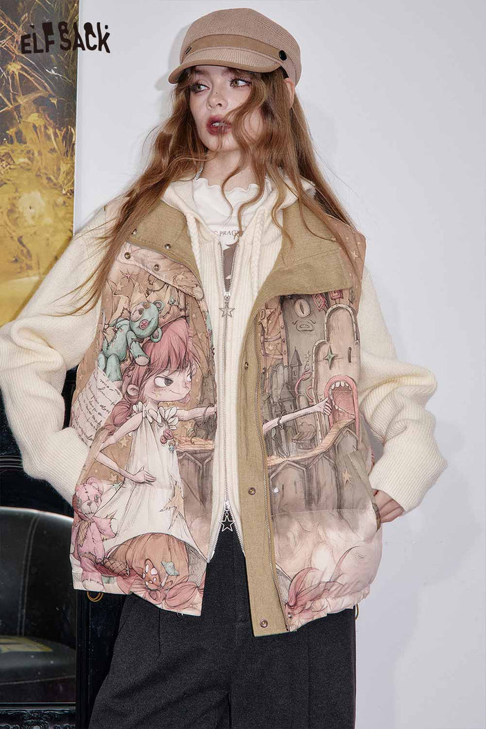 ELFSACK Cotton Blend Knit Embroidery Drop Shoulder Cut Zip-Up sweater