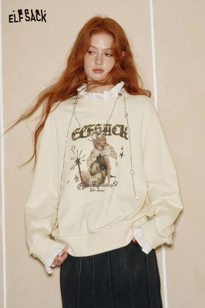 ELFSACK Cotton Blend Layered Sweatshirt Ruffle Trim Cartoon Graphic Drop Shoulder