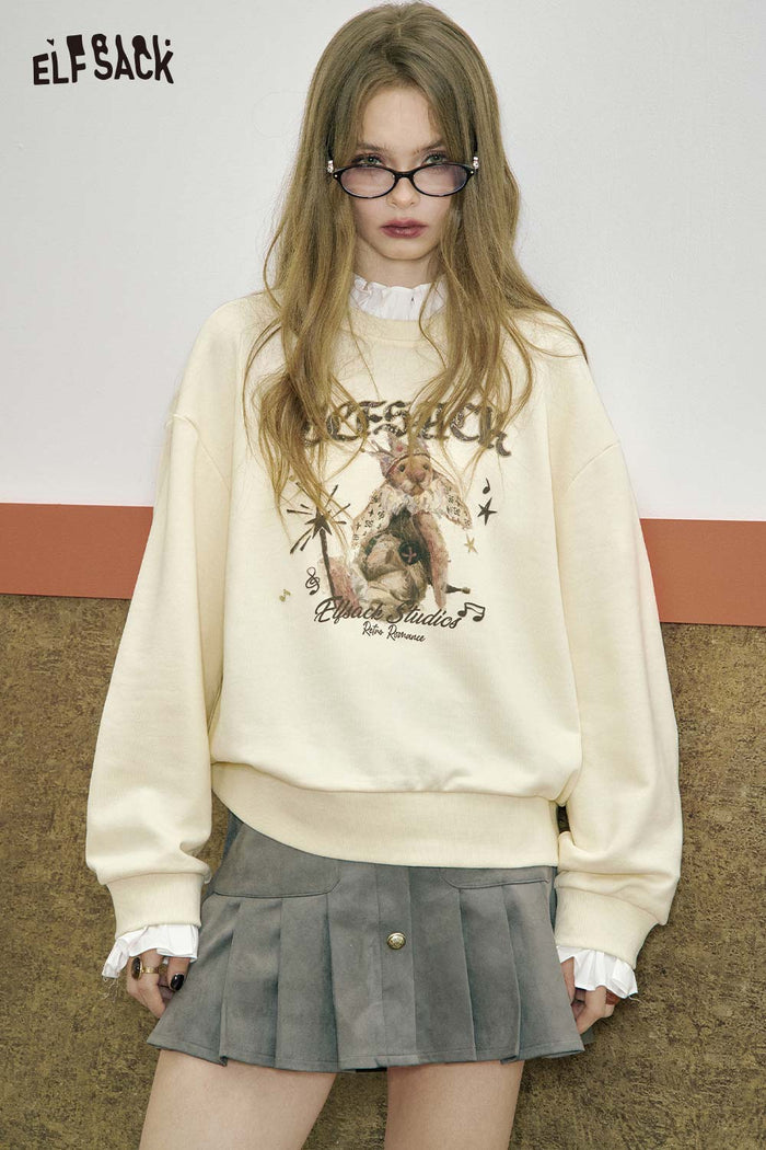 ELFSACK Cotton Blend Layered Sweatshirt Ruffle Trim Cartoon Graphic Drop Shoulder