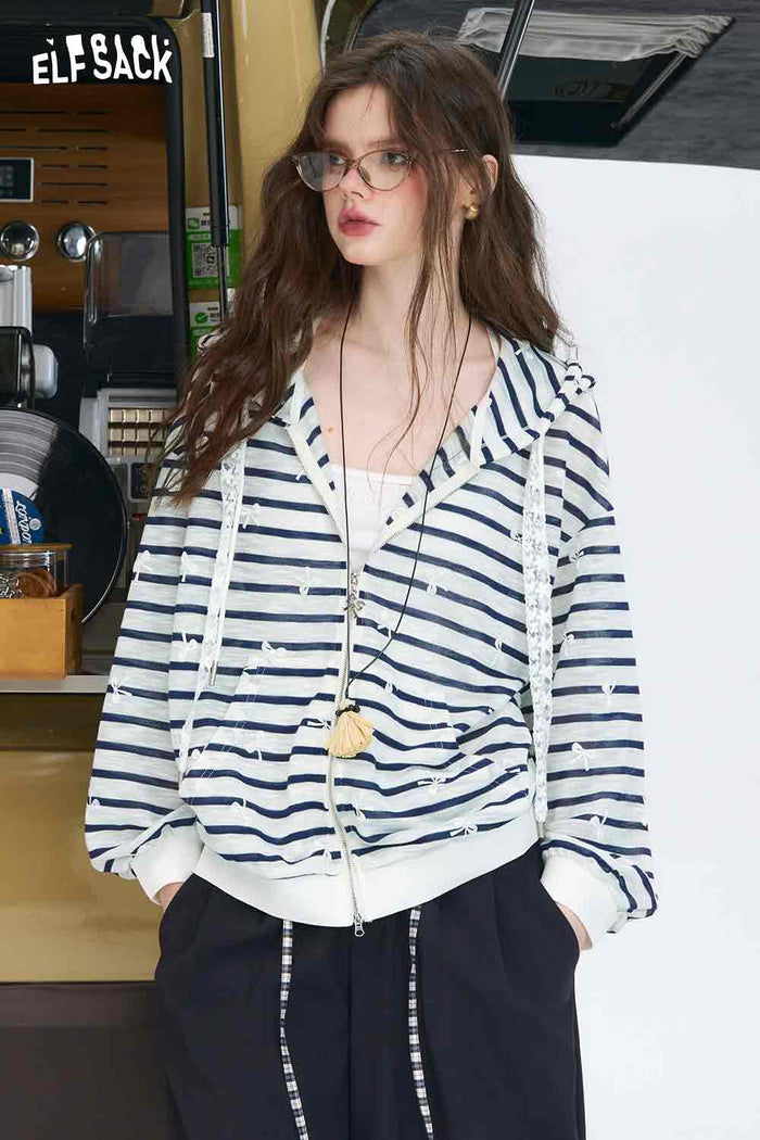 ELFSACK Cotton Blend Oversized Striped Bow Print Cardigan Knitwears