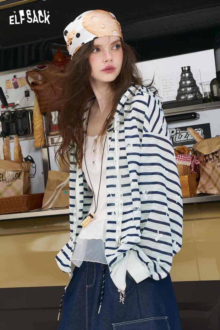 ELFSACK Cotton Blend Oversized Striped Bow Print Cardigan Knitwears