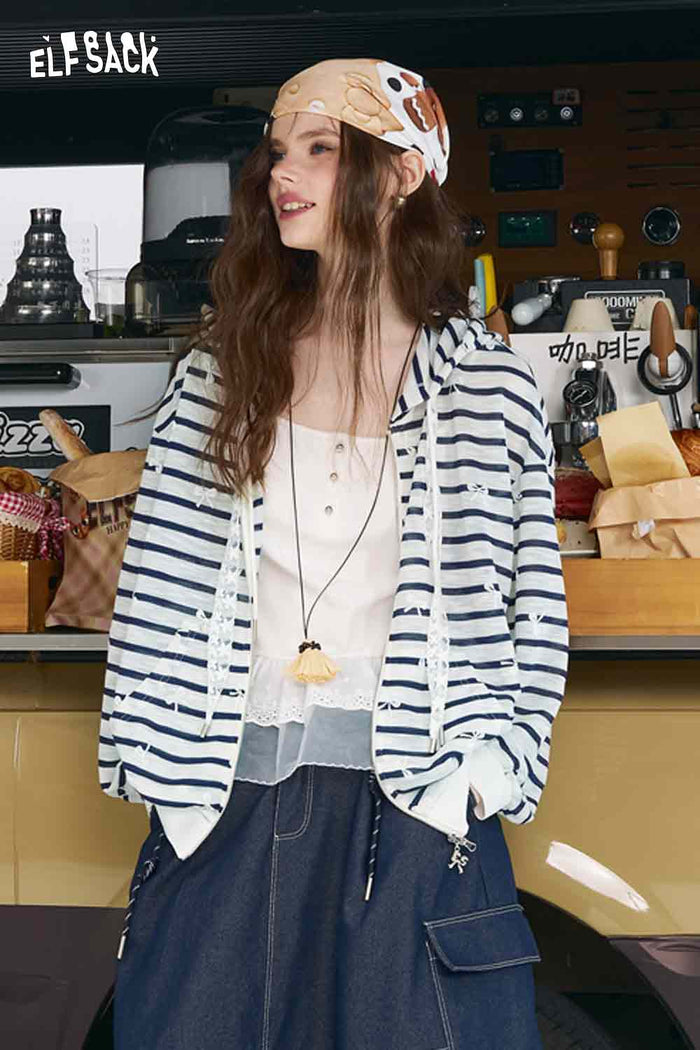 ELFSACK Cotton Blend Oversized Striped Bow Print Cardigan Knitwears