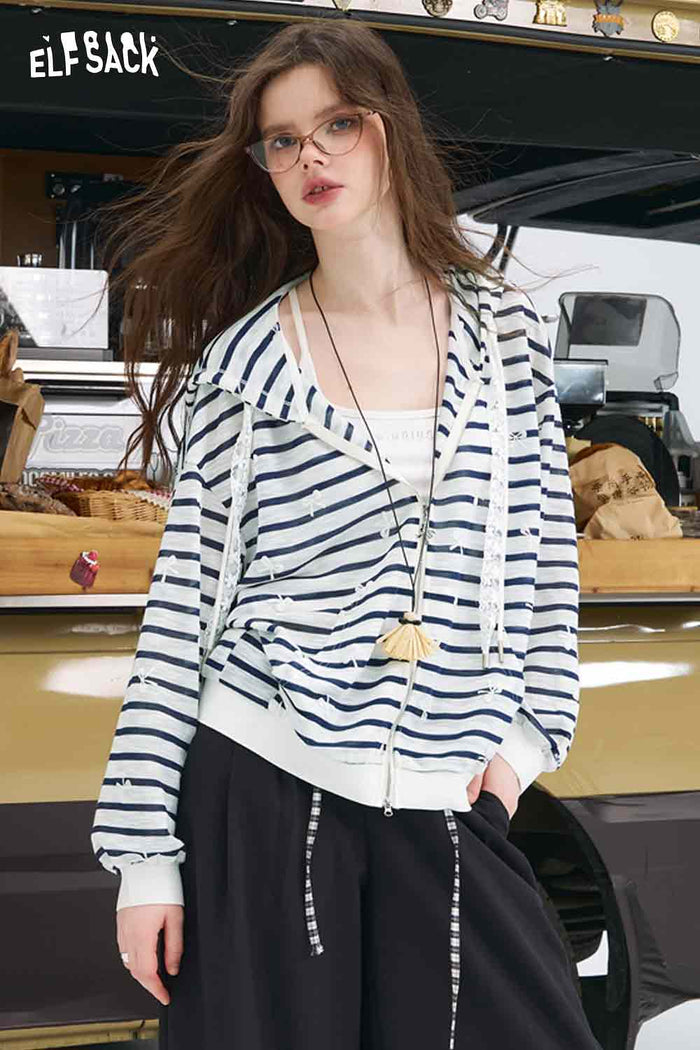 ELFSACK Cotton Blend Oversized Striped Bow Print Cardigan Knitwears