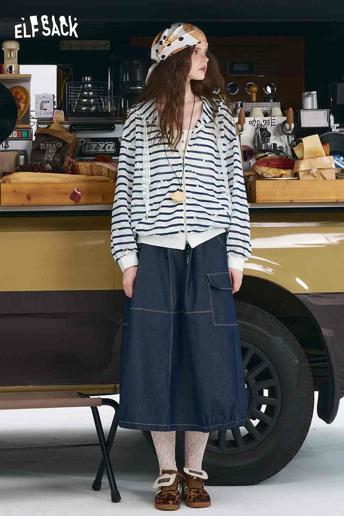 ELFSACK Cotton Blend Oversized Striped Bow Print Cardigan Knitwears