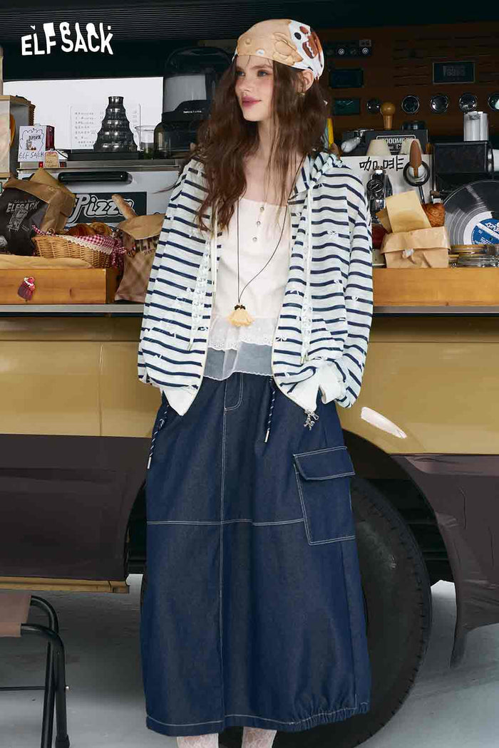 ELFSACK Cotton Blend Oversized Striped Bow Print Cardigan Knitwears
