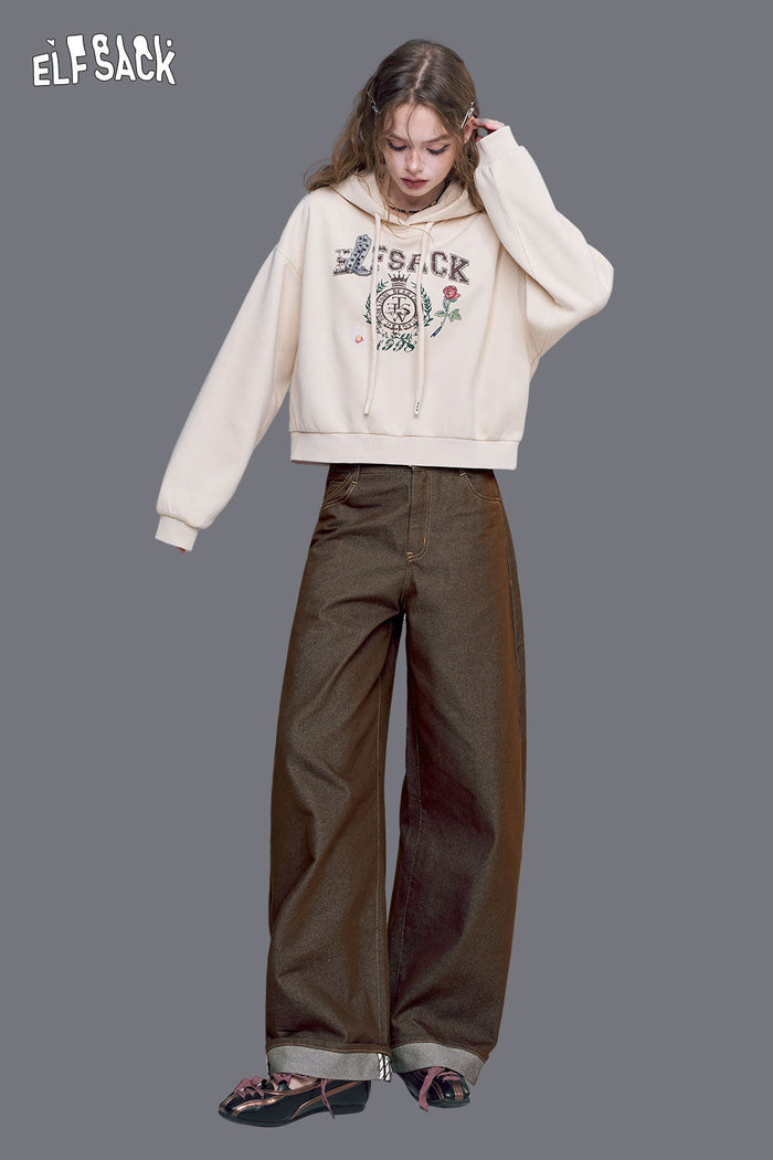 ELFSACK Cotton Blend Roll-Up Hem Wide Leg Trousers with Contrast Topstitching Detail