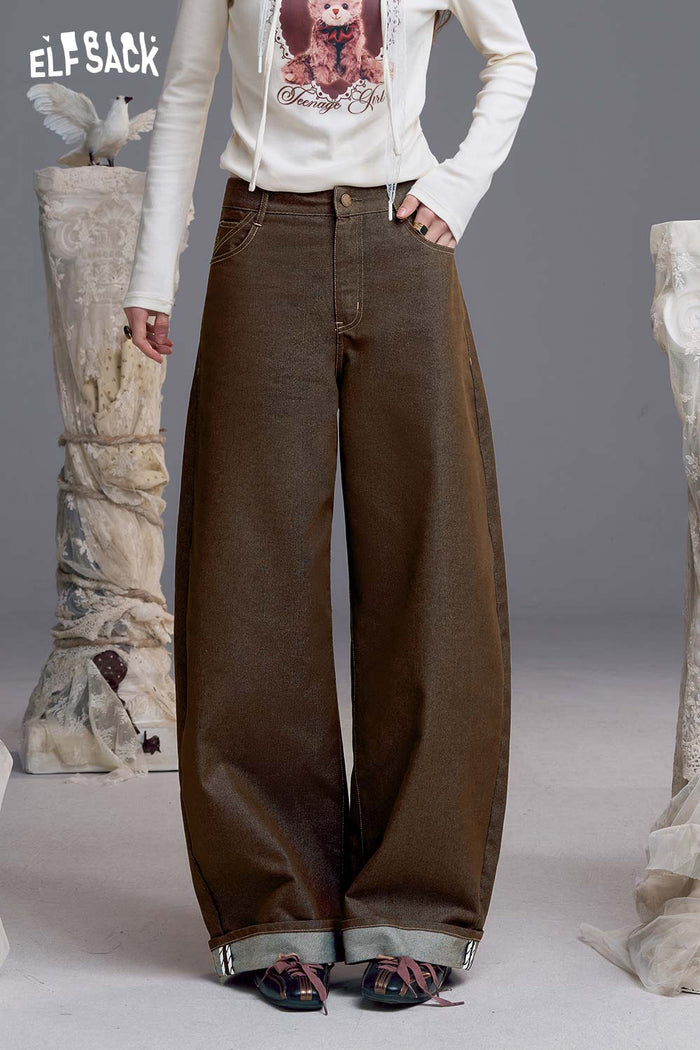 ELFSACK Cotton Blend Roll-Up Hem Wide Leg Trousers with Contrast Topstitching Detail