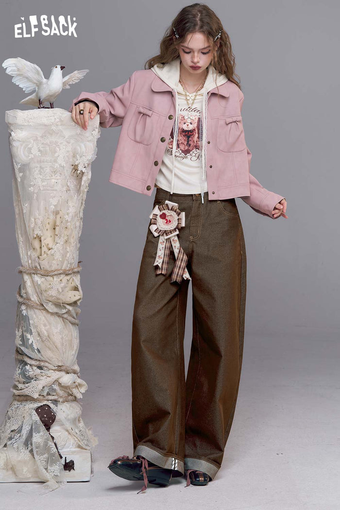 ELFSACK Cotton Blend Roll-Up Hem Wide Leg Trousers with Contrast Topstitching Detail