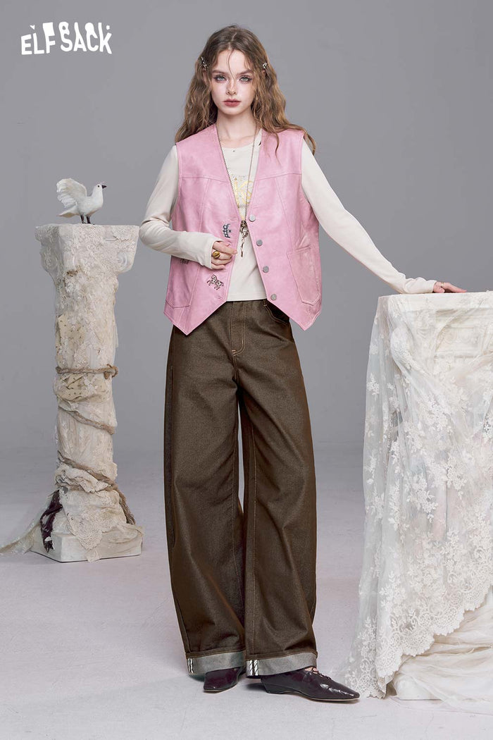 ELFSACK Cotton Blend Roll-Up Hem Wide Leg Trousers with Contrast Topstitching Detail