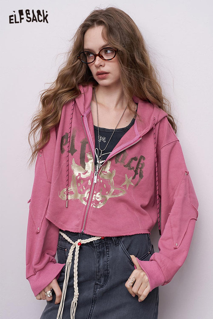 ELFSACK Cotton Blend Streetwear Graphic Zippered Short Hoodie