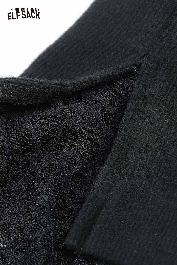 ELFSACK Cotton blend Stretch Knit Contrast Lace Panel Insets Basic Top