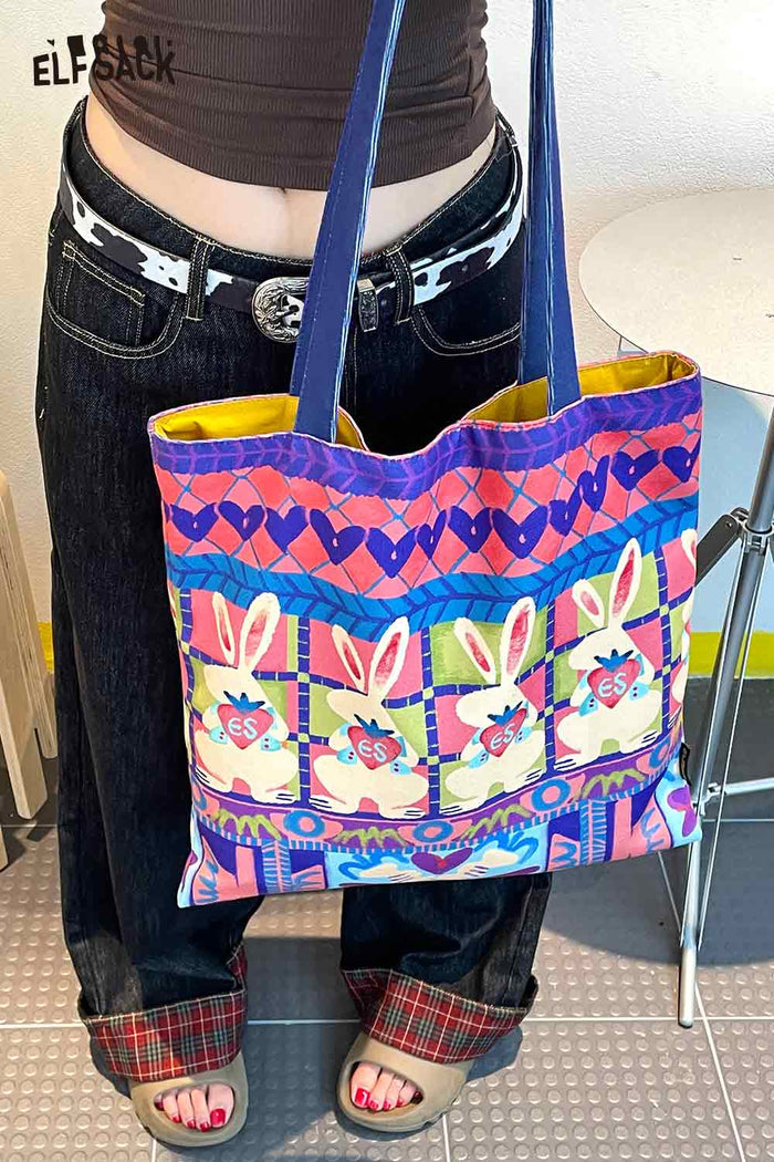 ELFSACK Cotton Canvas Full Coverage Rabbit Graphic Tote Bag