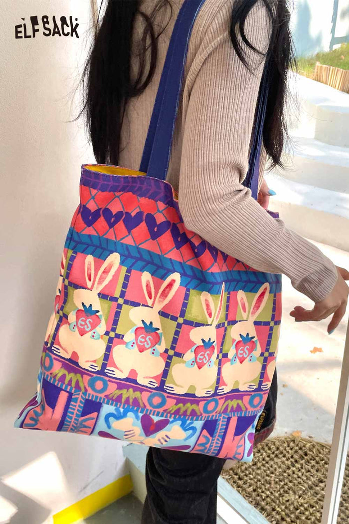 ELFSACK Cotton Canvas Full Coverage Rabbit Graphic Tote Bag