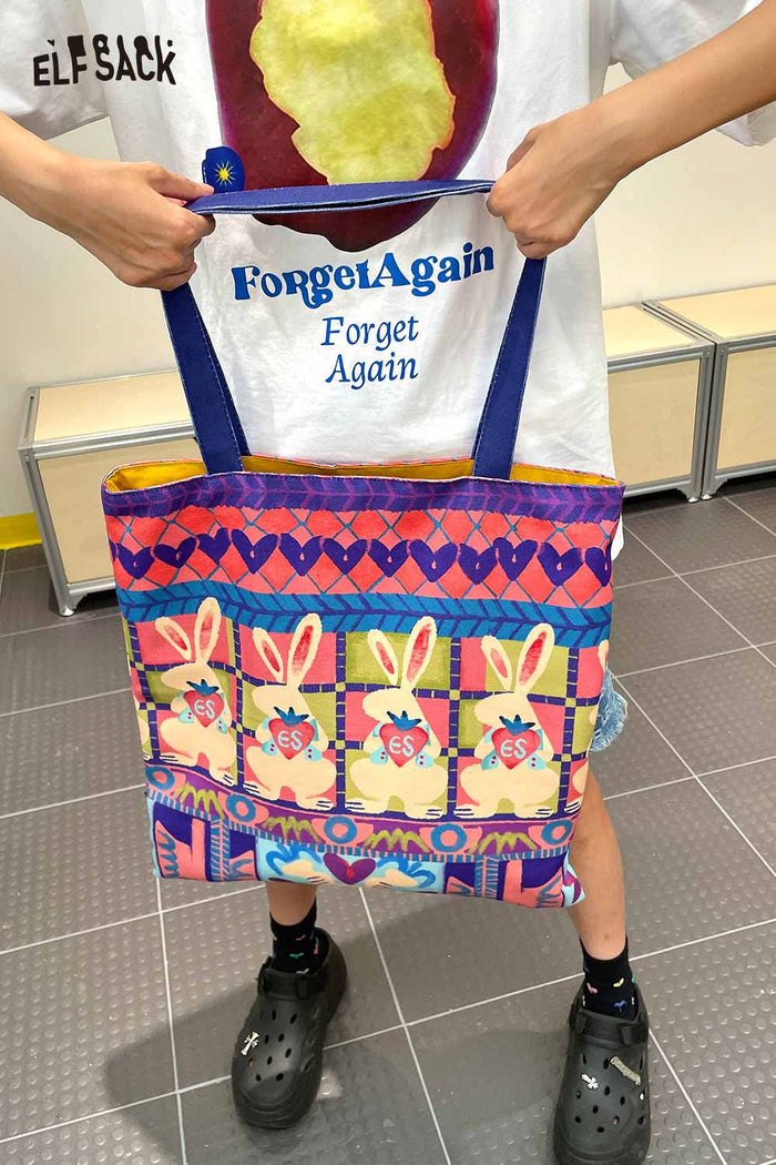 ELFSACK Cotton Canvas Full Coverage Rabbit Graphic Tote Bag