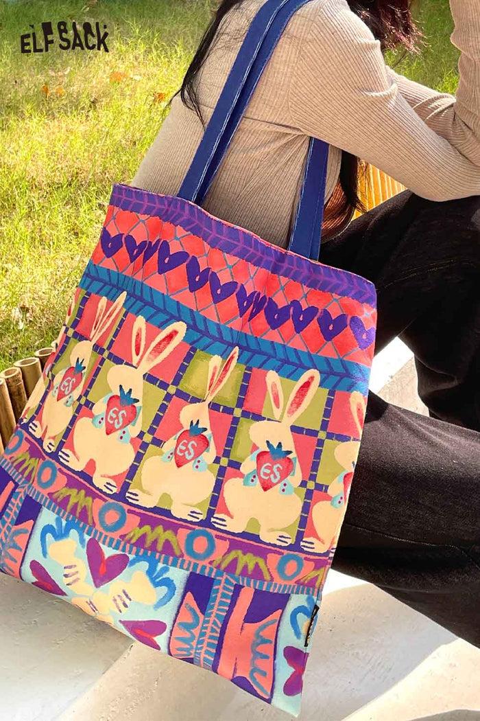 ELFSACK Cotton Canvas Full Coverage Rabbit Graphic Tote Bag