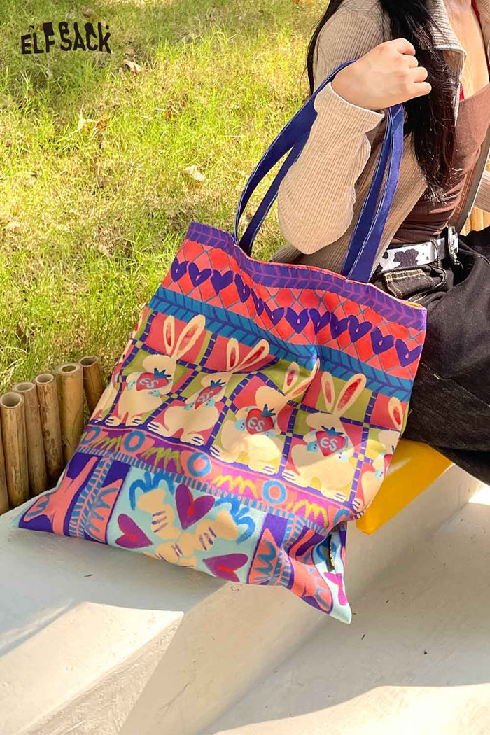 ELFSACK Cotton Canvas Full Coverage Rabbit Graphic Tote Bag