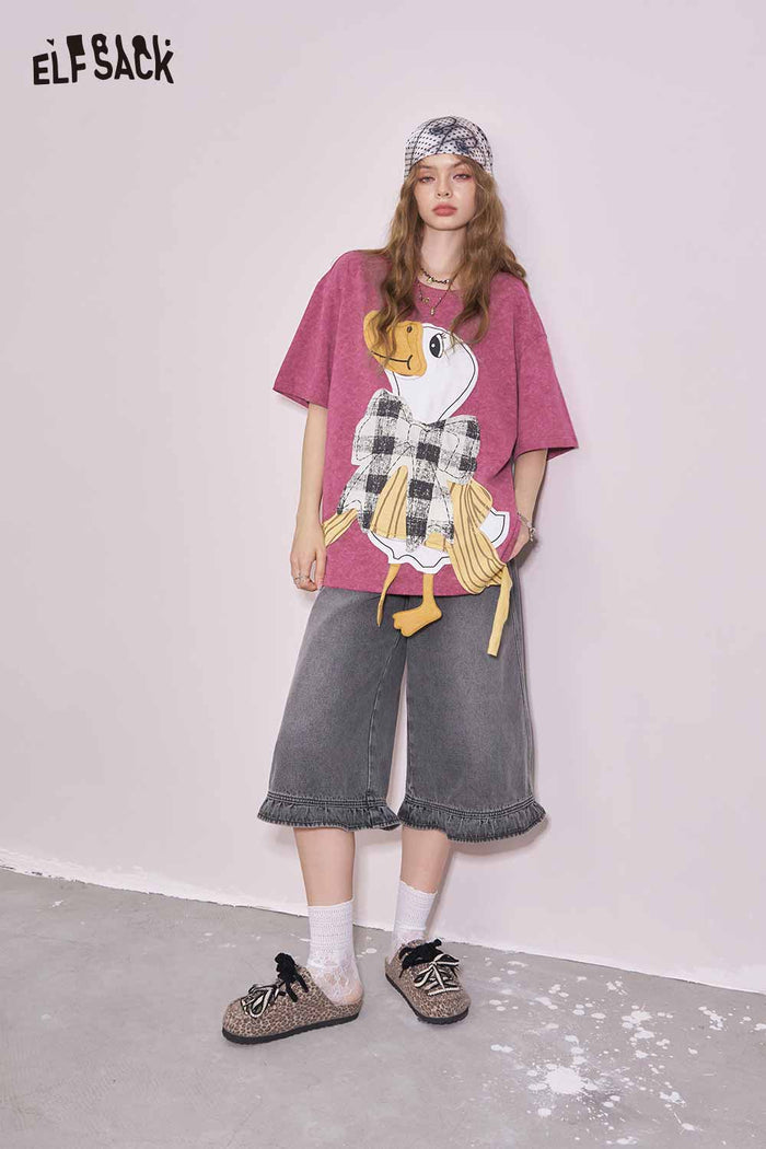 ELFSACK Cotton Heavy Duty Duck Graphic Short Sleeve T-shirt Unique Design Y2K Niche Top