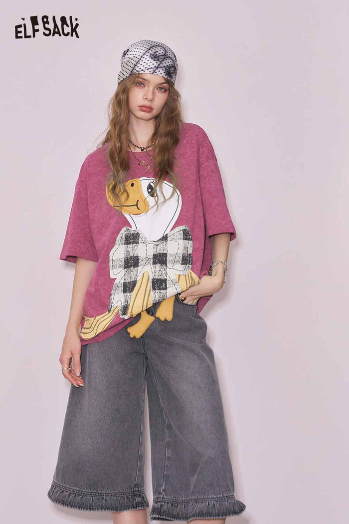 ELFSACK Cotton Heavy Duty Duck Graphic Short Sleeve T-shirt Unique Design Y2K Niche Top