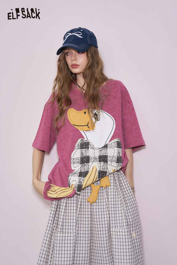 ELFSACK Cotton Heavy Duty Duck Graphic Short Sleeve T-shirt Unique Design Y2K Niche Top