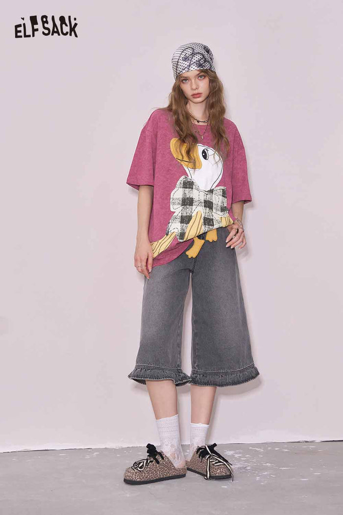 ELFSACK Cotton Heavy Duty Duck Graphic Short Sleeve T-shirt Unique Design Y2K Niche Top