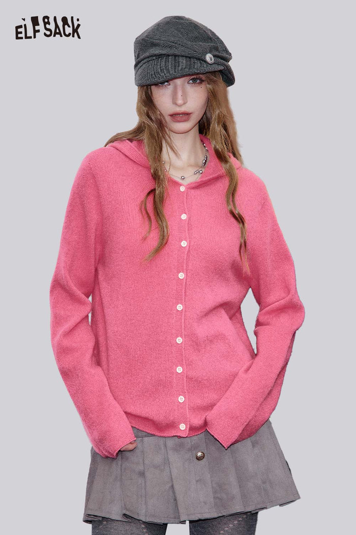 ELFSACK Cotton Oversized Silhouette Minimalist Design Hooded Cardigan