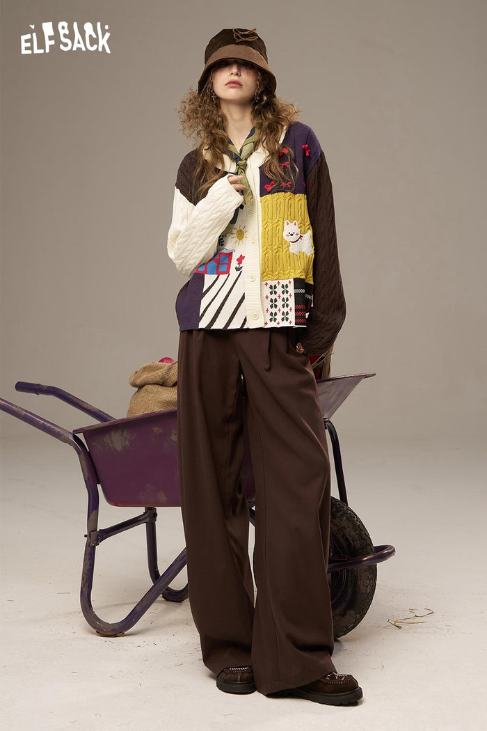 ELFSACK Cotton Patchwork Dog Motif Contrast Trim Open Front Cardi