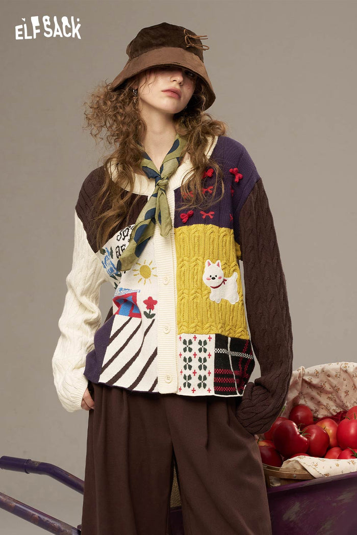 ELFSACK Cotton Patchwork Dog Motif Contrast Trim Open Front Cardi