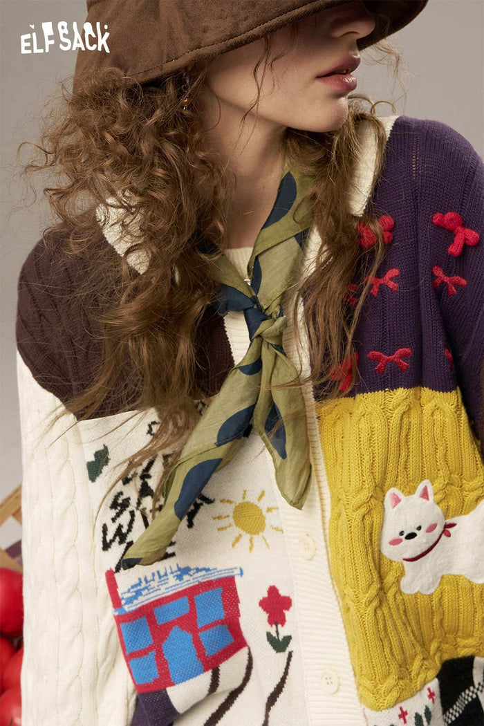 ELFSACK Cotton Patchwork Dog Motif Contrast Trim Open Front Cardi