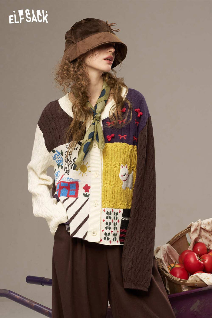 ELFSACK Cotton Patchwork Dog Motif Contrast Trim Open Front Cardi
