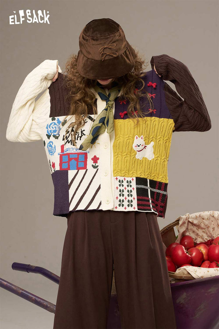 ELFSACK Cotton Patchwork Dog Motif Contrast Trim Open Front Cardi
