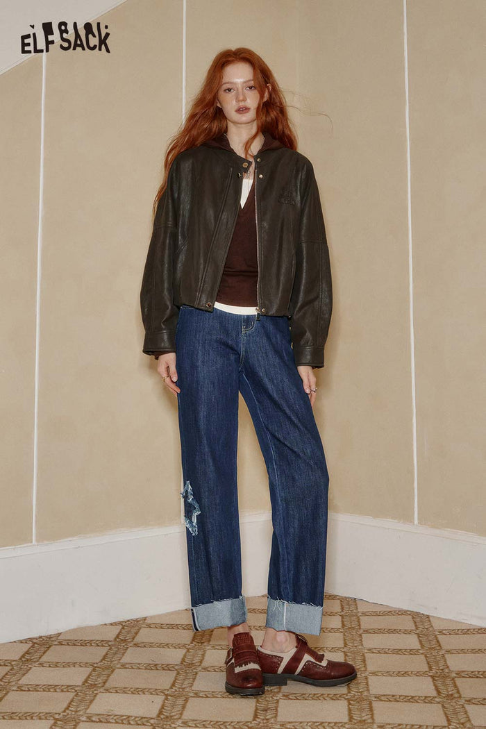 ELFSACK Cotton Star Stitch Detail Turn-Up Hem Straight Leg Denim Pants