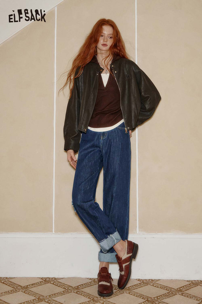 ELFSACK Cotton Star Stitch Detail Turn-Up Hem Straight Leg Denim Pants