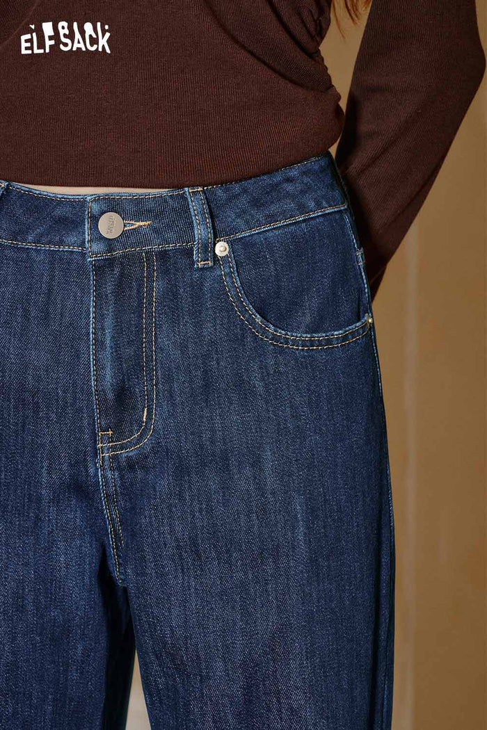 ELFSACK Cotton Star Stitch Detail Turn-Up Hem Straight Leg Denim Pants