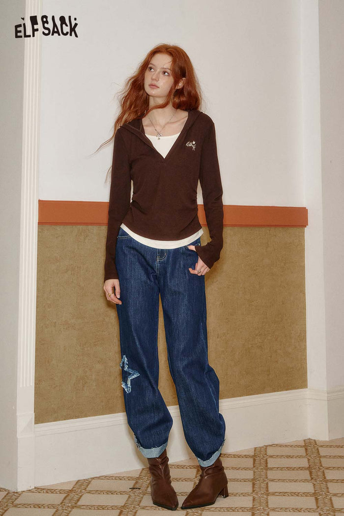 ELFSACK Cotton Star Stitch Detail Turn-Up Hem Straight Leg Denim Pants