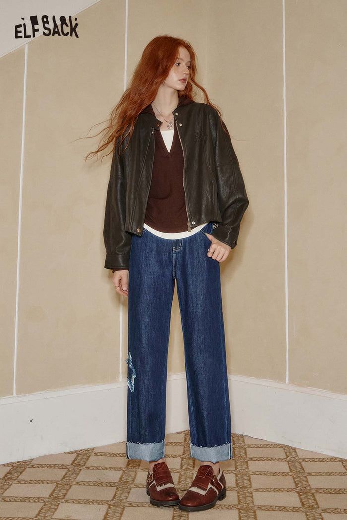 ELFSACK Cotton Star Stitch Detail Turn-Up Hem Straight Leg Denim Pants