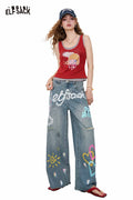 ELFSACK Cotton Y2K Graffiti Destroyed Wide Leg Jeans Streetwear Denim Pants