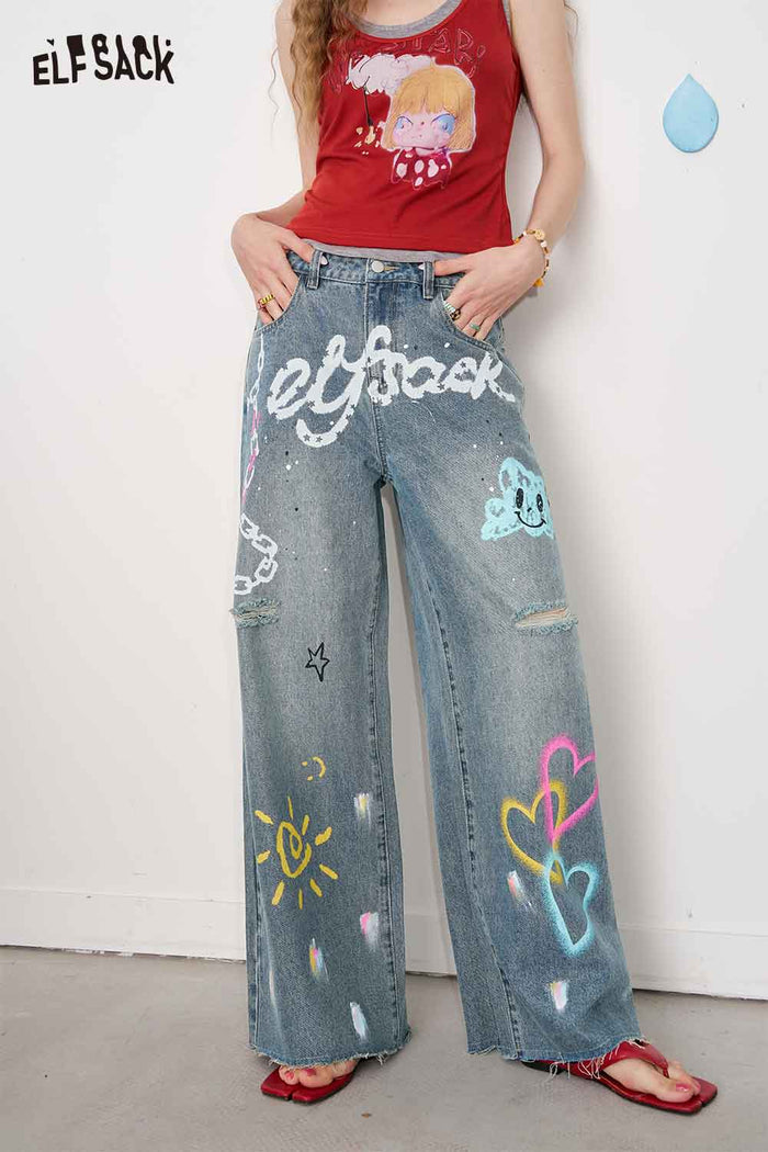 ELFSACK Cotton Y2K Graffiti Destroyed Wide Leg Jeans Streetwear Denim Pants