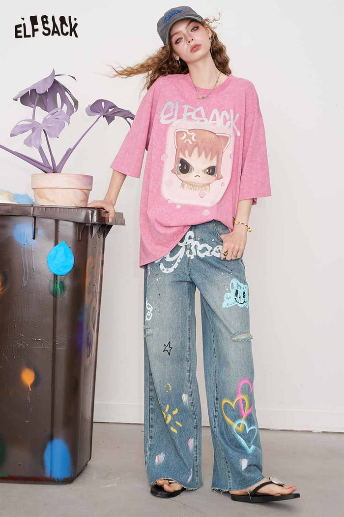 ELFSACK Cotton Y2K Graffiti Destroyed Wide Leg Jeans Streetwear Denim Pants