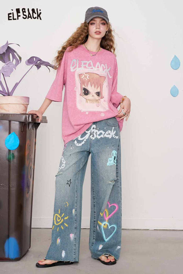 ELFSACK Cotton Y2K Graffiti Destroyed Wide Leg Jeans Streetwear Denim Pants