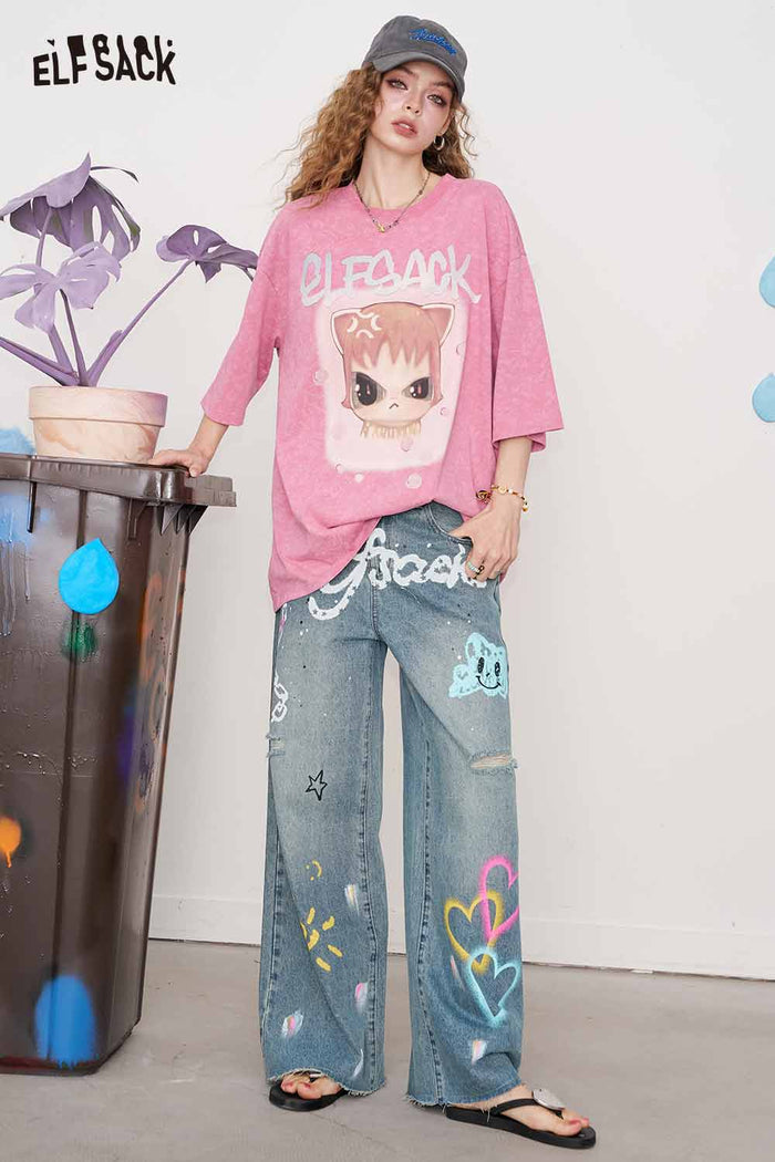 ELFSACK Cotton Y2K Graffiti Destroyed Wide Leg Jeans Streetwear Denim Pants
