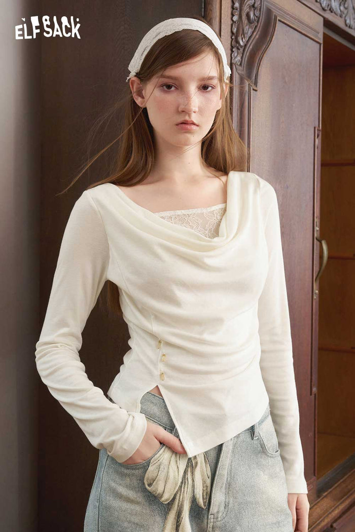 Cowl Neck Lace Asymmetrical Long Sleeve Tee