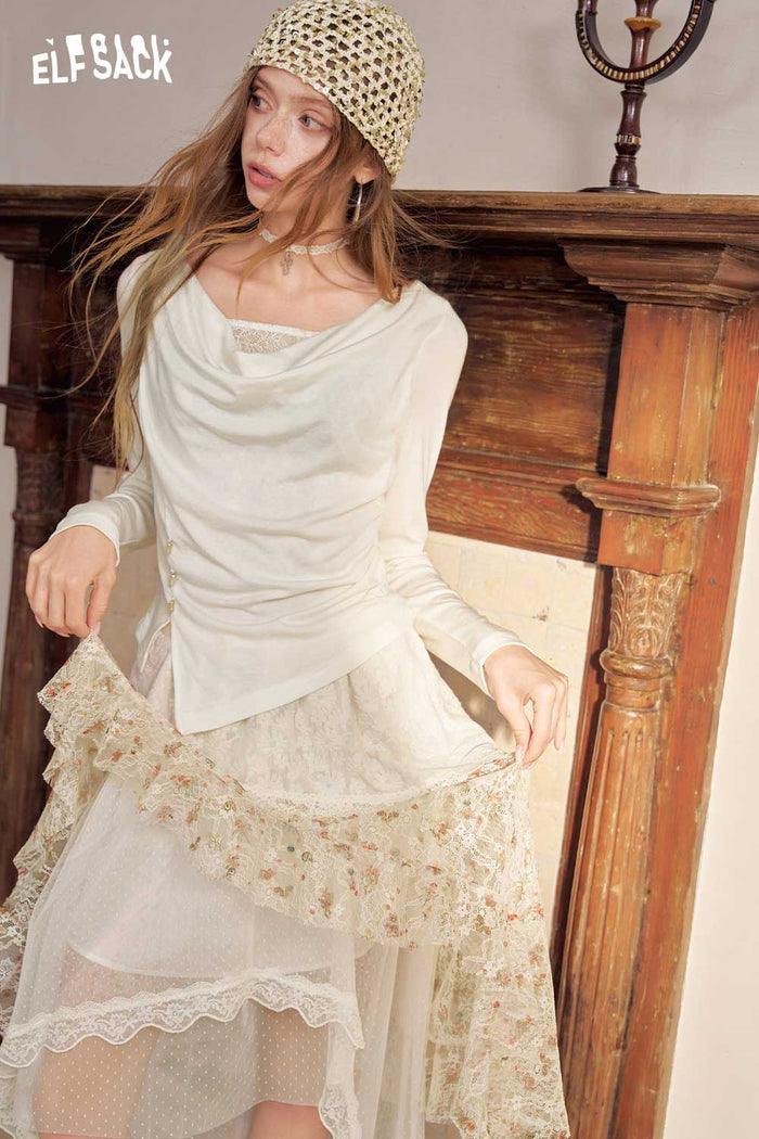Cowl Neck Lace Asymmetrical Long Sleeve Tee