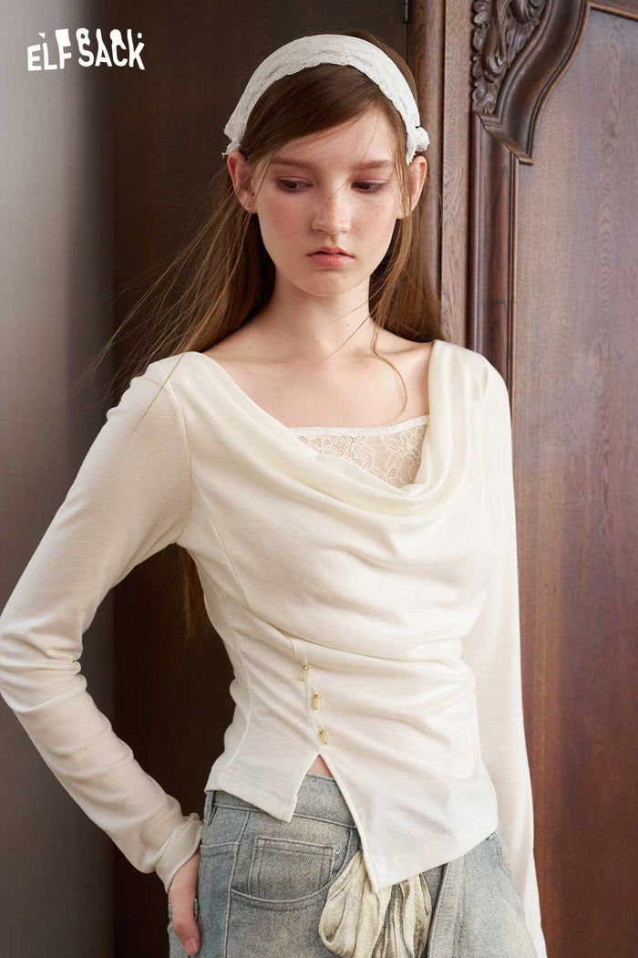Cowl Neck Lace Asymmetrical Long Sleeve Tee