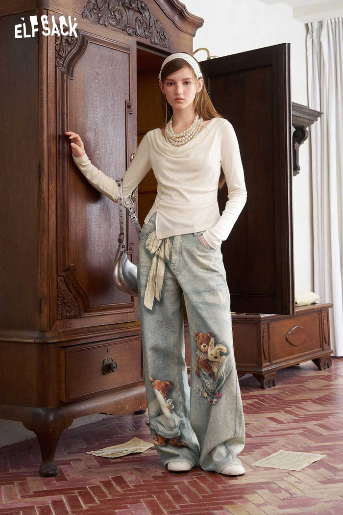 Cowl Neck Lace Asymmetrical Long Sleeve Tee