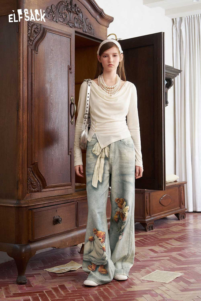 Cowl Neck Lace Asymmetrical Long Sleeve Tee