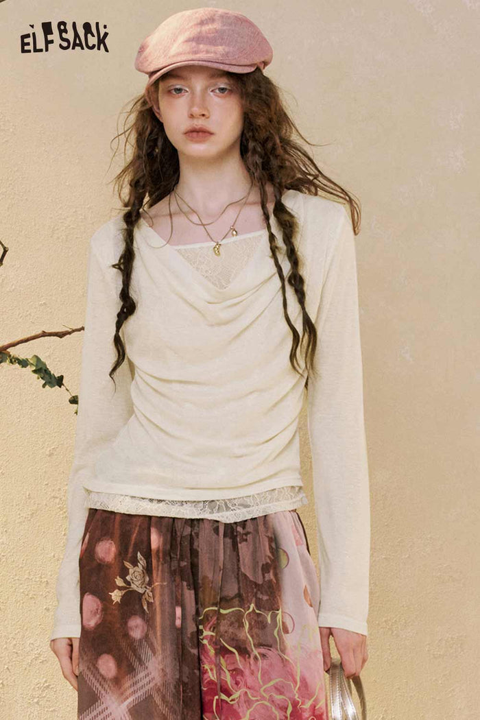 Cowl Neck Lace Trim Long Sleeve Tee