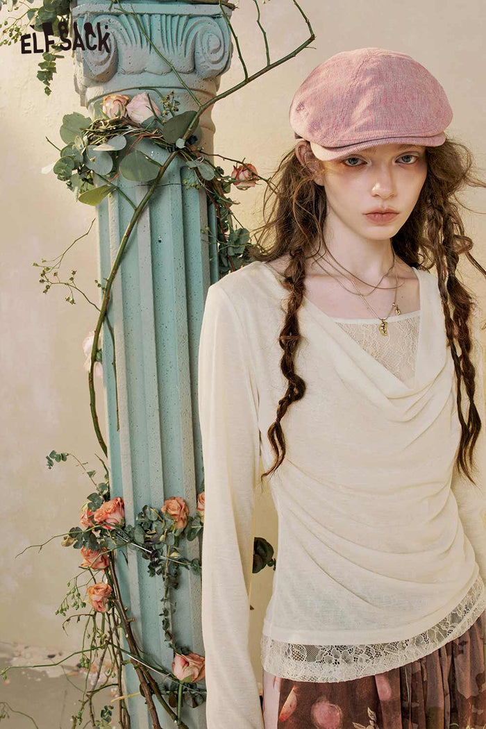 Cowl Neck Lace Trim Long Sleeve Tee