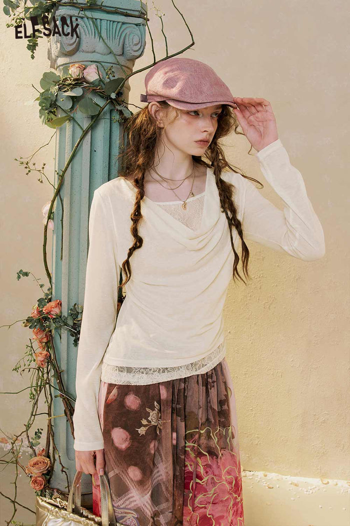 Cowl Neck Lace Trim Long Sleeve Tee