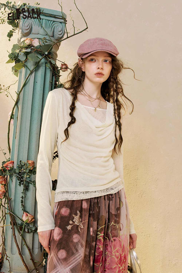 Cowl Neck Lace Trim Long Sleeve Tee