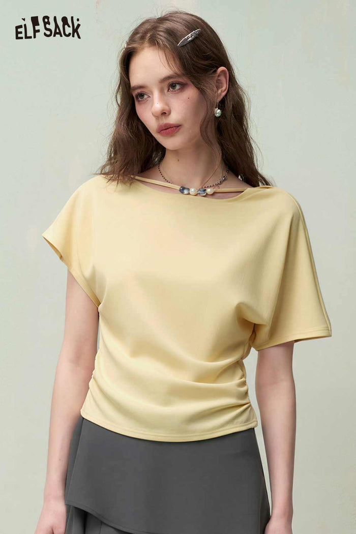 ELFSACK Cowl Neck Ruched Slim Fit T-shirt
